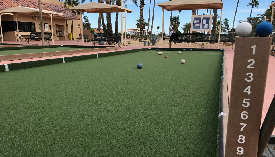 Synthetic Turf bocce court with balls on it