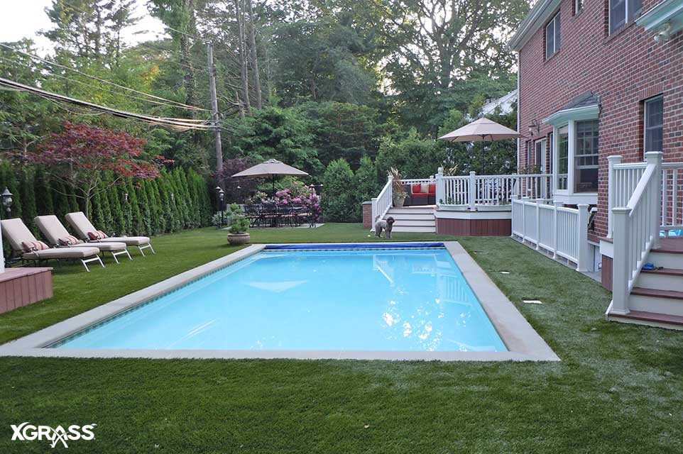 Large backyard pool with synthetic grass installed around it