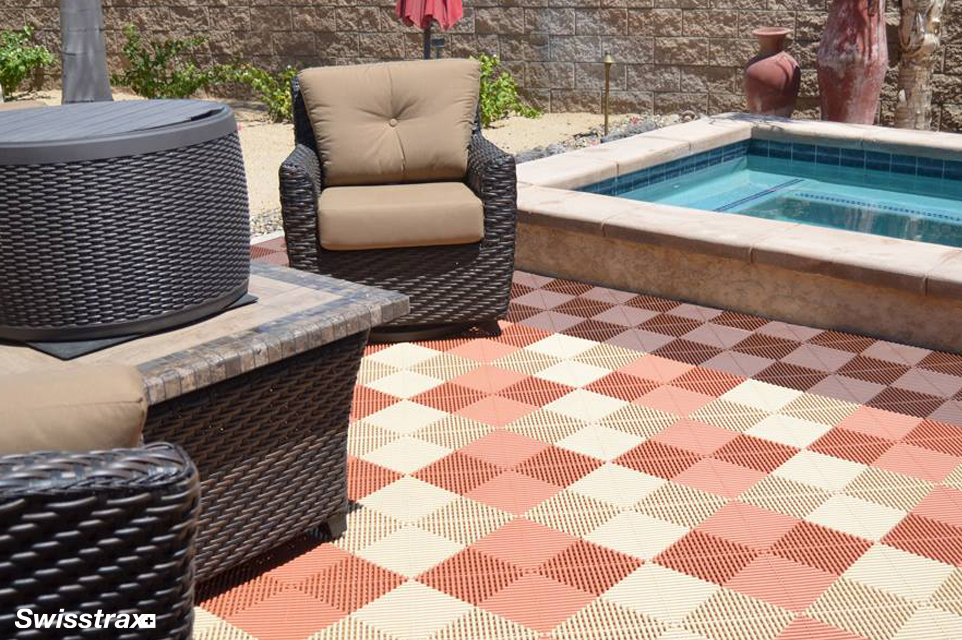 Unique patio design for small backyard area using outdoor floor tiles from Swisstrax